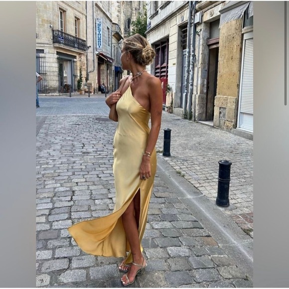 Commense Dresses & Skirts - Commense Moonlight Open Back Satin Slit Long Dress Yellow size XS